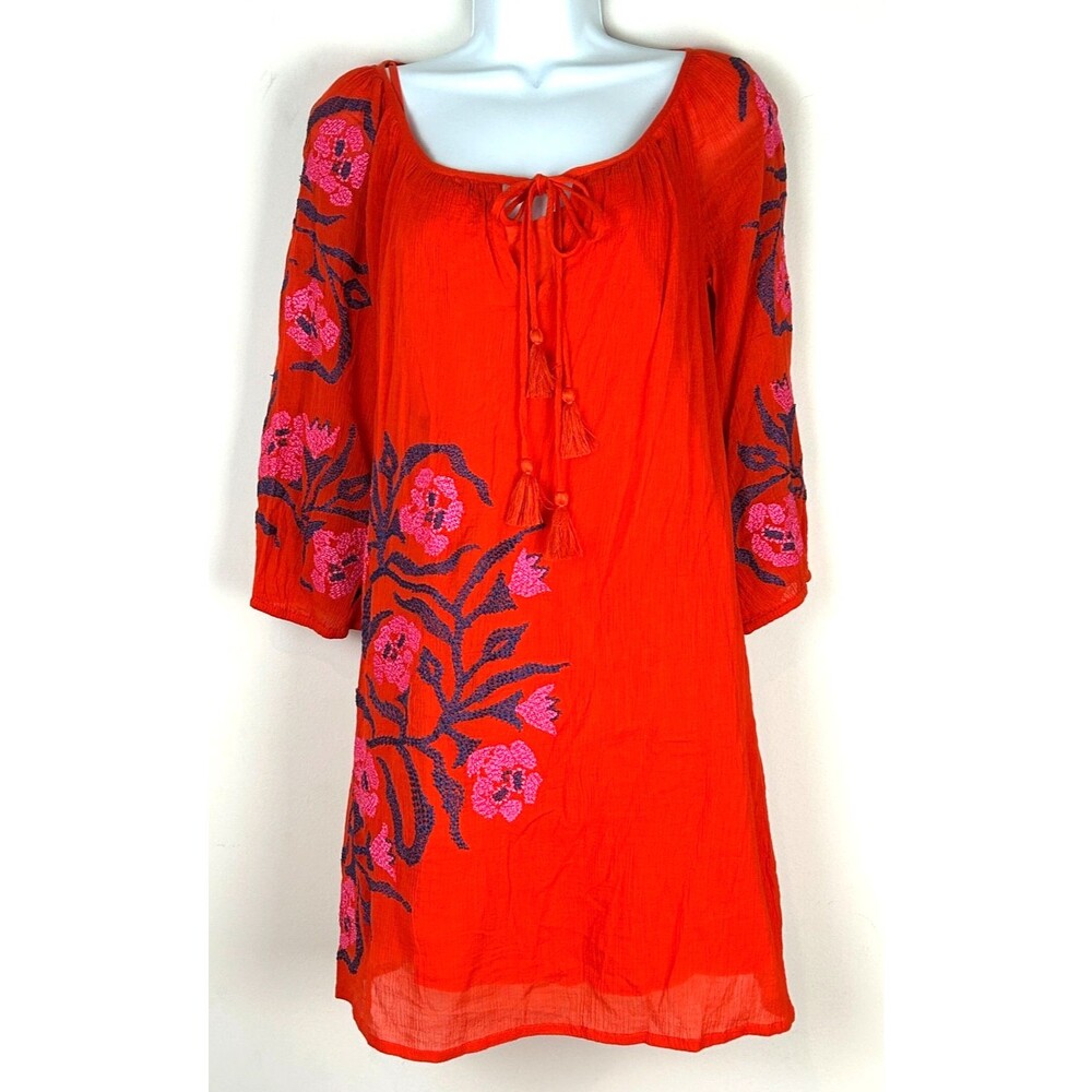 Trina Turk Orange Embroidered Boho Cotton Lined Floral Tunic Dress Size 4 NEW